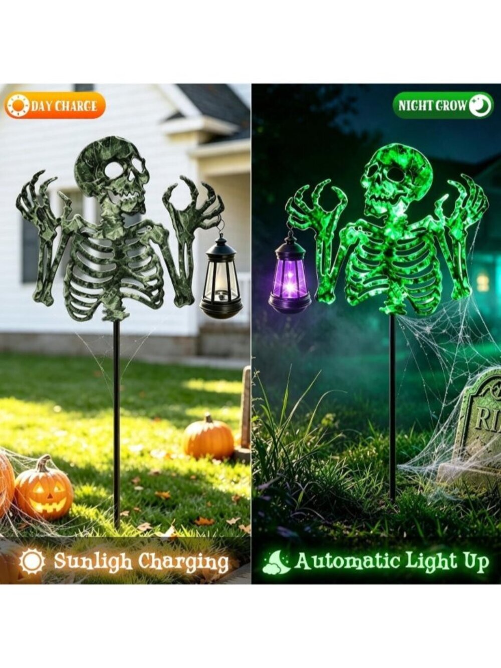 Halloween Skeleton Lantern Decor Glow in The Dark Iron Skull With Fluorescent - Picture 4 of 7